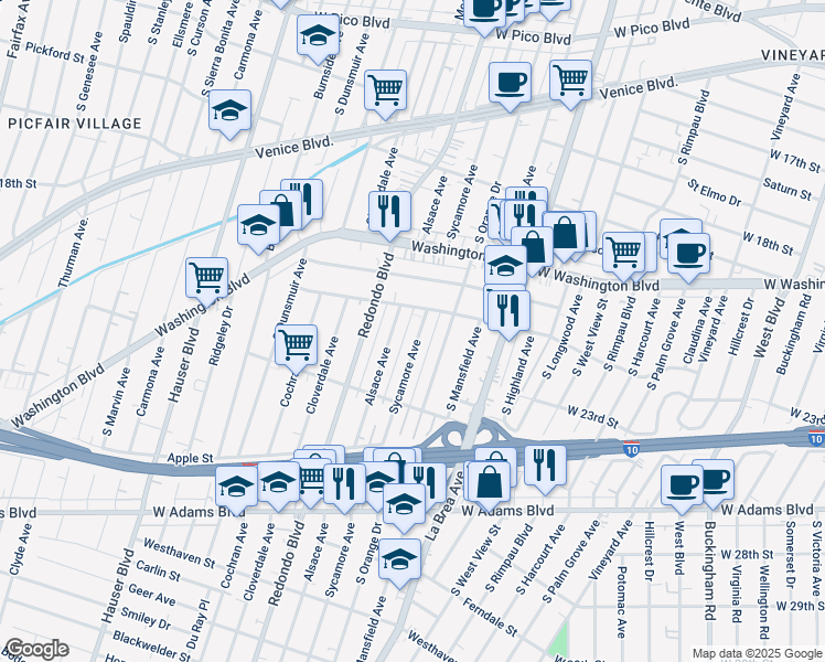 map of restaurants, bars, coffee shops, grocery stores, and more near 2134 South Sycamore Avenue in Los Angeles