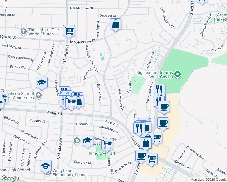 map of restaurants, bars, coffee shops, grocery stores, and more near 1304 Brooktree Circle in West Covina