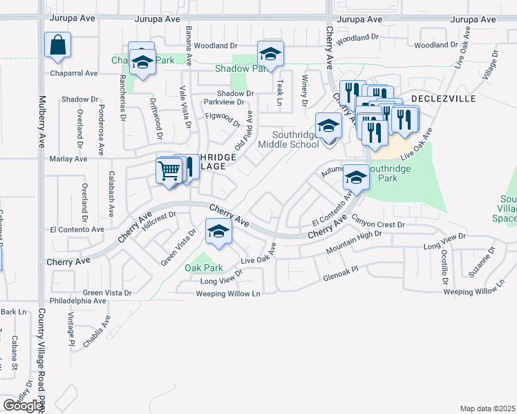 map of restaurants, bars, coffee shops, grocery stores, and more near 11855 Perlita Place in Fontana