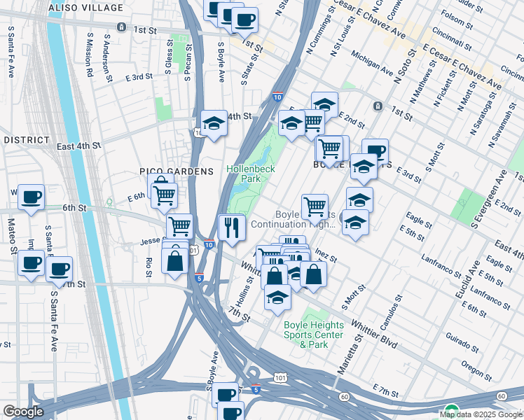 map of restaurants, bars, coffee shops, grocery stores, and more near 610 South Saint Louis Street in Los Angeles