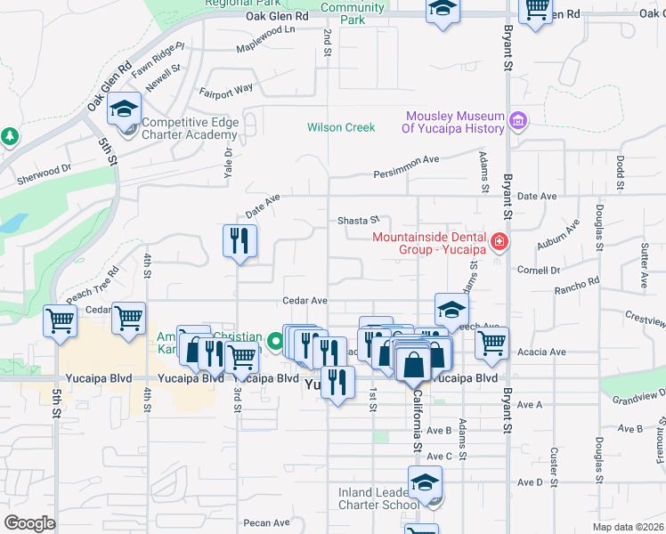 map of restaurants, bars, coffee shops, grocery stores, and more near 11851 2nd Street in Yucaipa