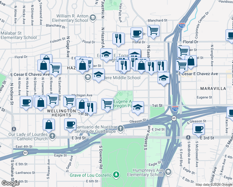map of restaurants, bars, coffee shops, grocery stores, and more near 282 North Sunol Drive in Los Angeles