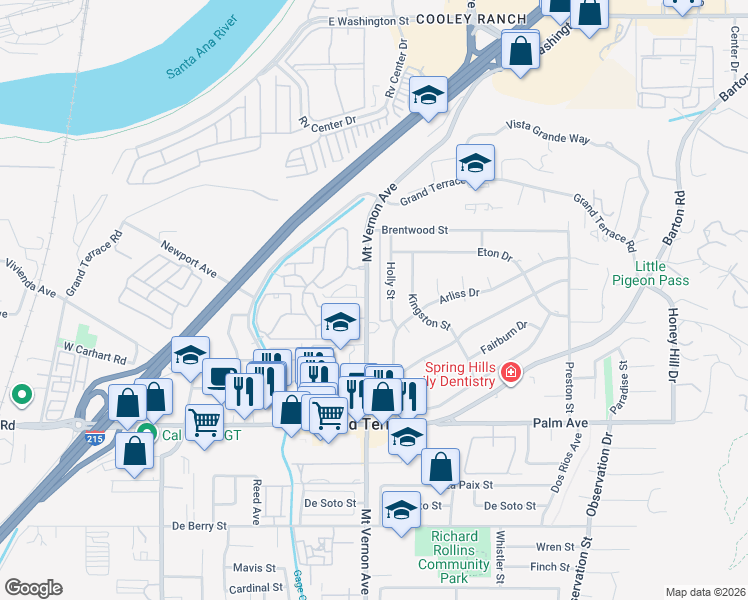 map of restaurants, bars, coffee shops, grocery stores, and more near 11857 Mount Vernon Avenue in Grand Terrace