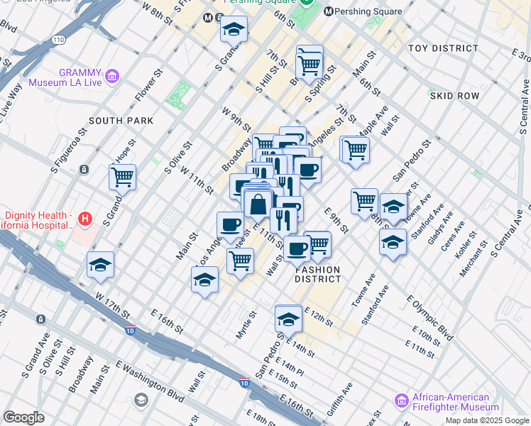 map of restaurants, bars, coffee shops, grocery stores, and more near 1028 1/2 Santee Street in Los Angeles