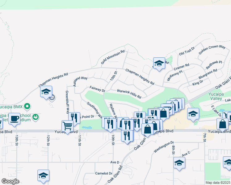 map of restaurants, bars, coffee shops, grocery stores, and more near 33311 Warwick Hills Road in Yucaipa