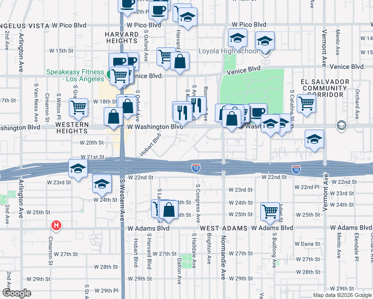 map of restaurants, bars, coffee shops, grocery stores, and more near 2022 South La Salle Avenue in Los Angeles