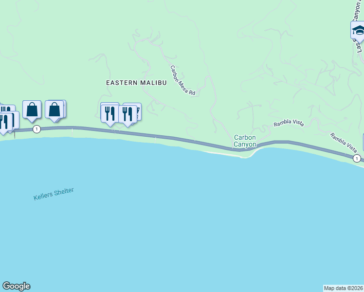 map of restaurants, bars, coffee shops, grocery stores, and more near 22030 California 1 in Malibu