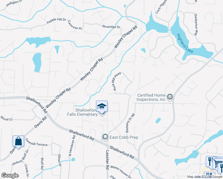 map of restaurants, bars, coffee shops, grocery stores, and more near 3885 Rock Mill Parkway in Marietta