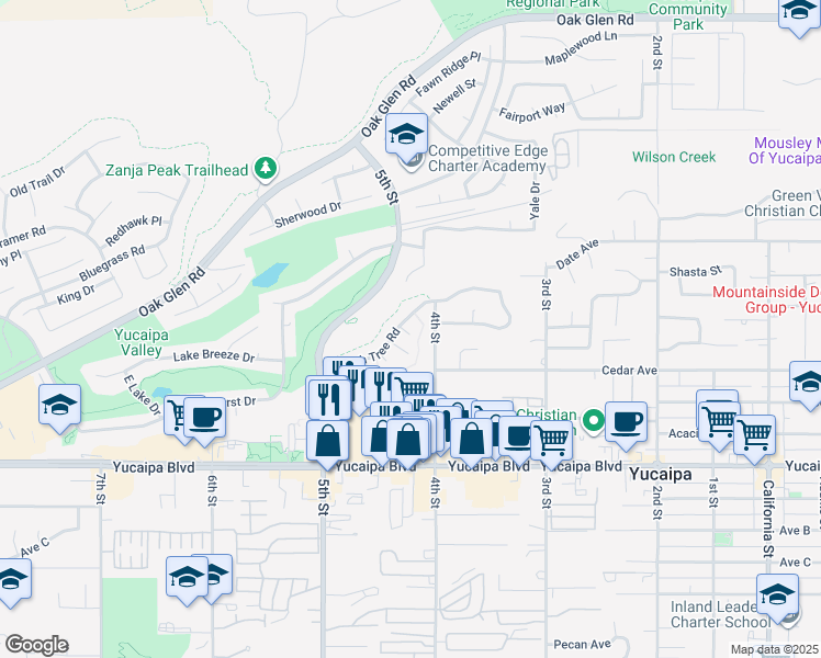 map of restaurants, bars, coffee shops, grocery stores, and more near 34464 Avena Way in Yucaipa