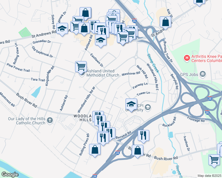 map of restaurants, bars, coffee shops, grocery stores, and more near 640 Westover Road in Columbia