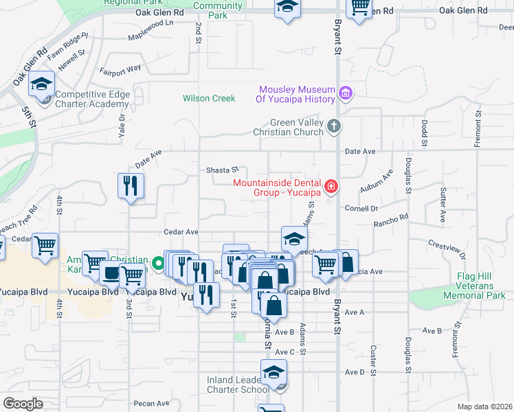 map of restaurants, bars, coffee shops, grocery stores, and more near 35067 Kimberly Lane in Yucaipa