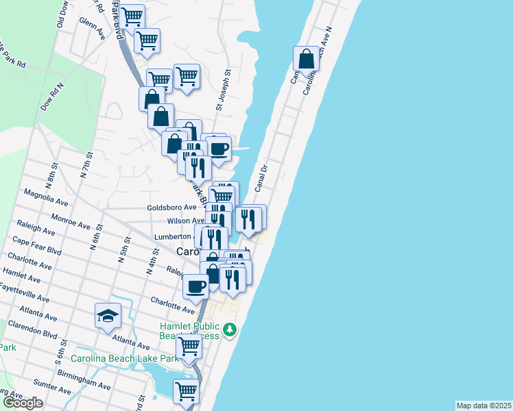 map of restaurants, bars, coffee shops, grocery stores, and more near 404 Canal Drive in Carolina Beach