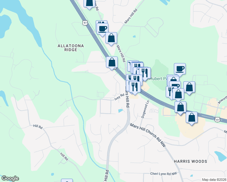 map of restaurants, bars, coffee shops, grocery stores, and more near 4900 Ivey Road in Acworth