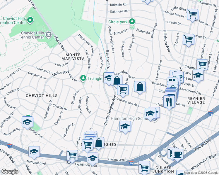 map of restaurants, bars, coffee shops, grocery stores, and more near 9755 Cattaraugus Avenue in Los Angeles