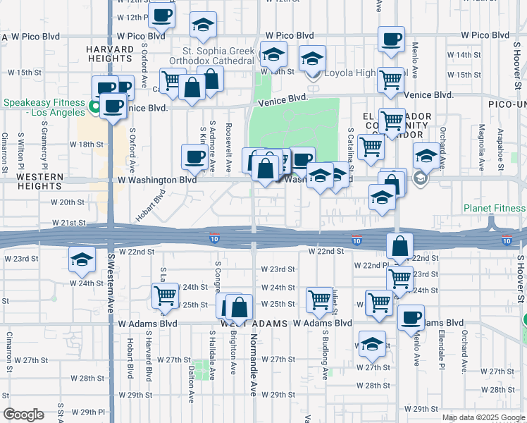map of restaurants, bars, coffee shops, grocery stores, and more near 1875 West 20th Street in Los Angeles