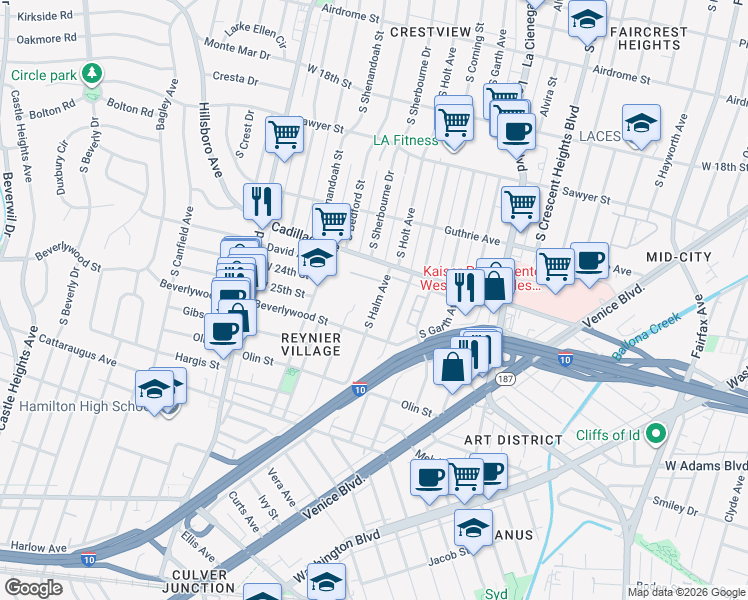map of restaurants, bars, coffee shops, grocery stores, and more near 2415 South Halm Avenue in Los Angeles