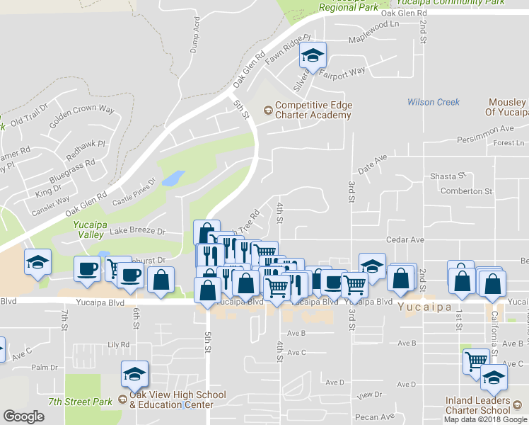 map of restaurants, bars, coffee shops, grocery stores, and more near 34464 Avena Way in Yucaipa
