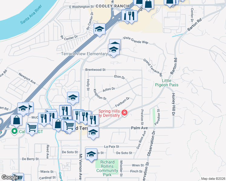 map of restaurants, bars, coffee shops, grocery stores, and more near 22675 Arliss Drive in Grand Terrace