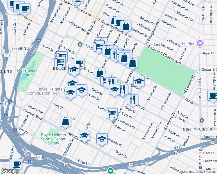 map of restaurants, bars, coffee shops, grocery stores, and more near 2825 East 4th Street in Los Angeles
