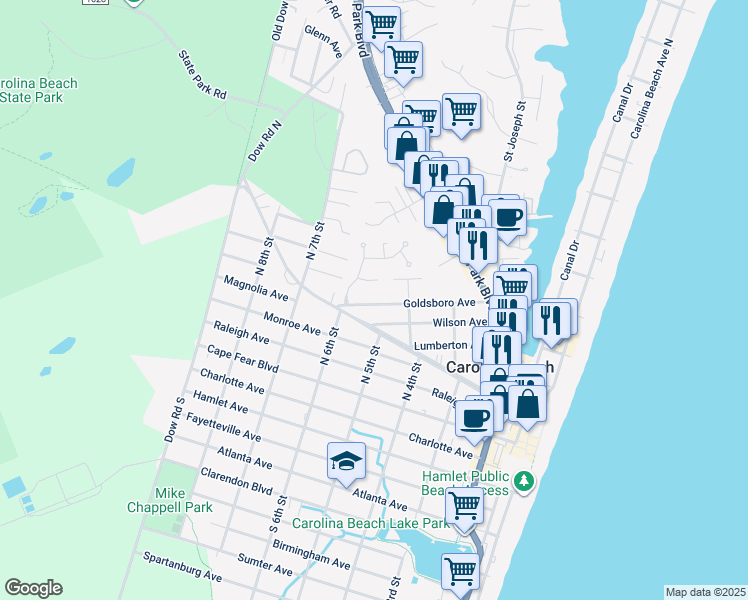 map of restaurants, bars, coffee shops, grocery stores, and more near 510 Goldsboro Avenue in Carolina Beach