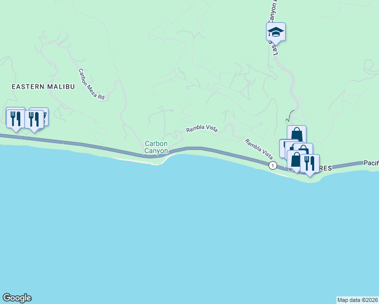 map of restaurants, bars, coffee shops, grocery stores, and more near 21640 Pacific Coast Highway in Malibu