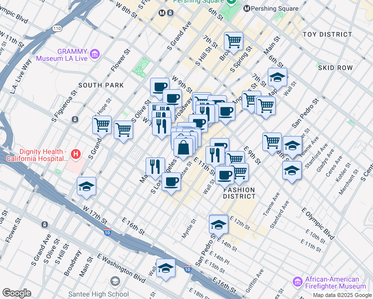 map of restaurants, bars, coffee shops, grocery stores, and more near 1104 South Los Angeles Street in Los Angeles