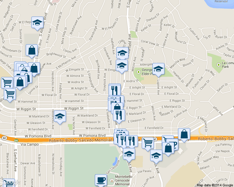 map of restaurants, bars, coffee shops, grocery stores, and more near 2105 South Garfield Avenue in Monterey Park