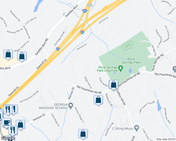 map of restaurants, bars, coffee shops, grocery stores, and more near 2979 Sunset View Circle in Suwanee