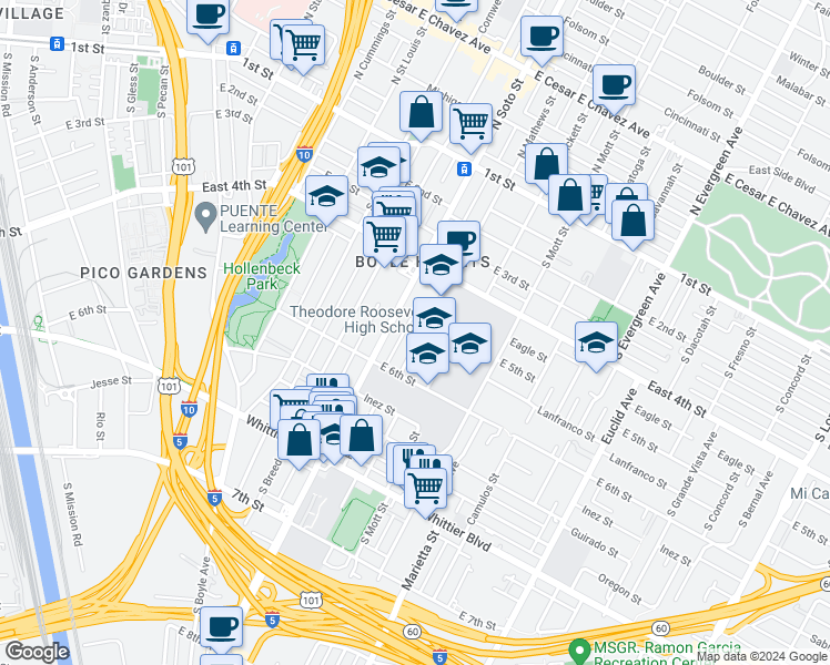 map of restaurants, bars, coffee shops, grocery stores, and more near 513 South Mathews Street in Los Angeles