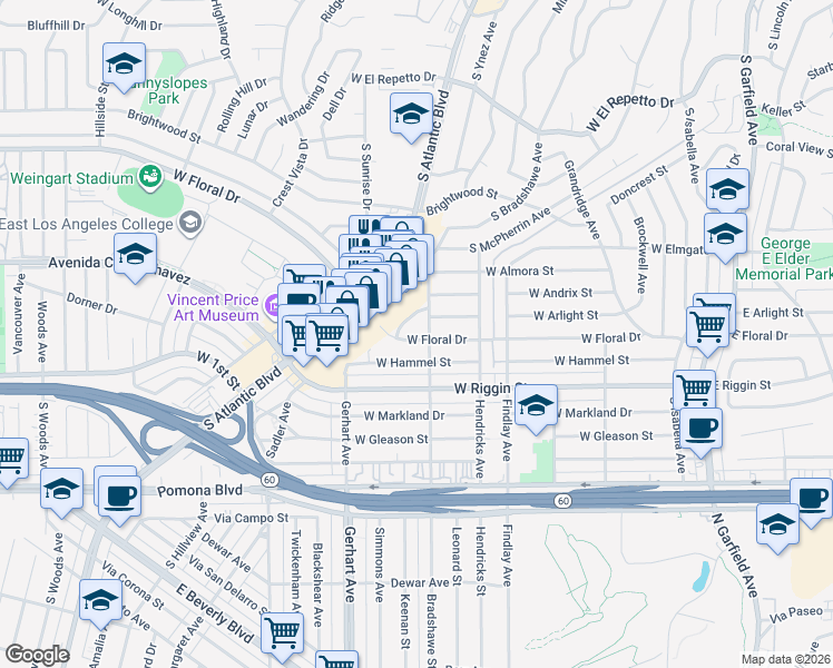 map of restaurants, bars, coffee shops, grocery stores, and more near 608 West Floral Drive in Monterey Park