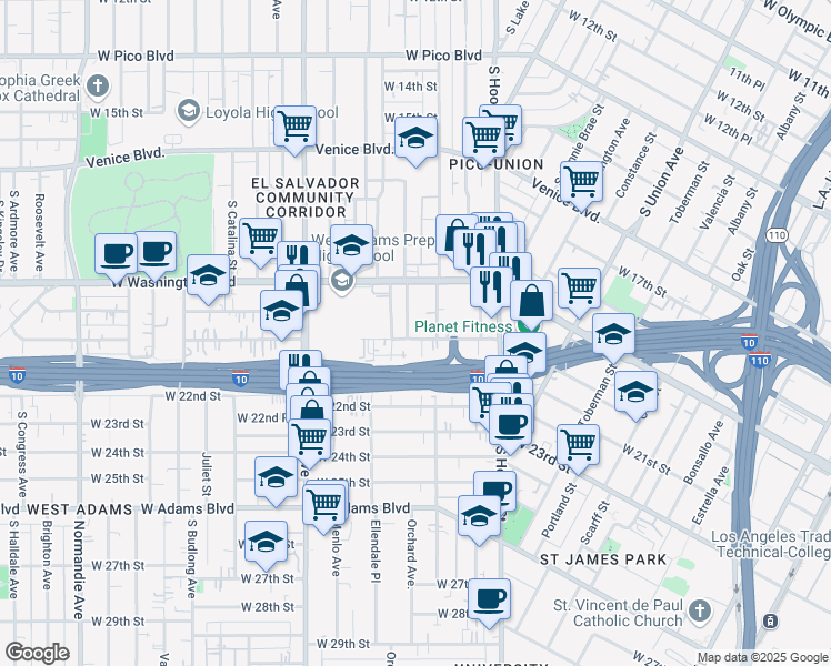 map of restaurants, bars, coffee shops, grocery stores, and more near 1427 West 20th Street in Los Angeles