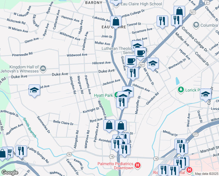 map of restaurants, bars, coffee shops, grocery stores, and more near 927 Johnson Avenue in Columbia