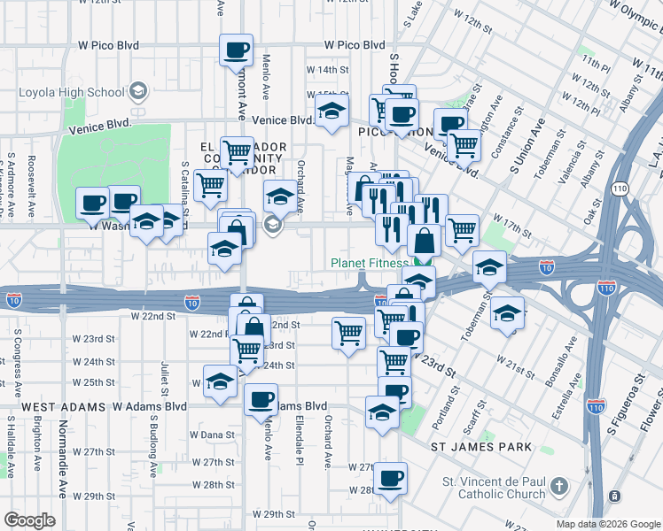 map of restaurants, bars, coffee shops, grocery stores, and more near 1427 West 20th Street in Los Angeles