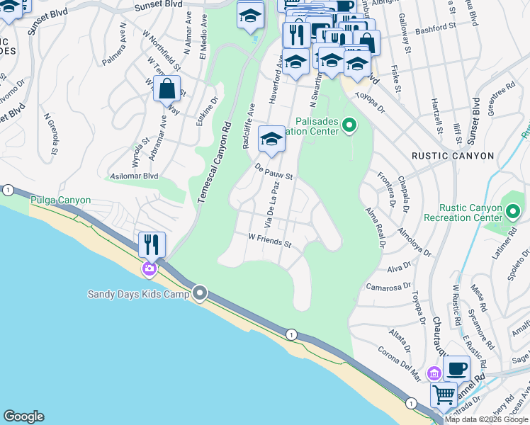 map of restaurants, bars, coffee shops, grocery stores, and more near 501 Vía De La Paz in Los Angeles