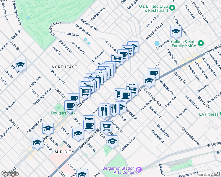 map of restaurants, bars, coffee shops, grocery stores, and more near 1244 Stanford Street in Santa Monica