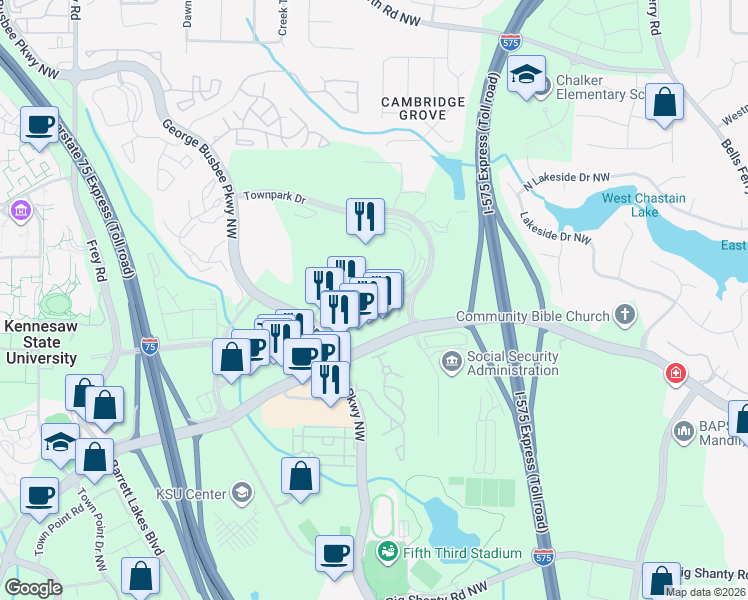 map of restaurants, bars, coffee shops, grocery stores, and more near 624 Village Park Drive in Kennesaw