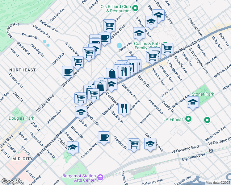 map of restaurants, bars, coffee shops, grocery stores, and more near 1445 South Carmelina Avenue in Los Angeles