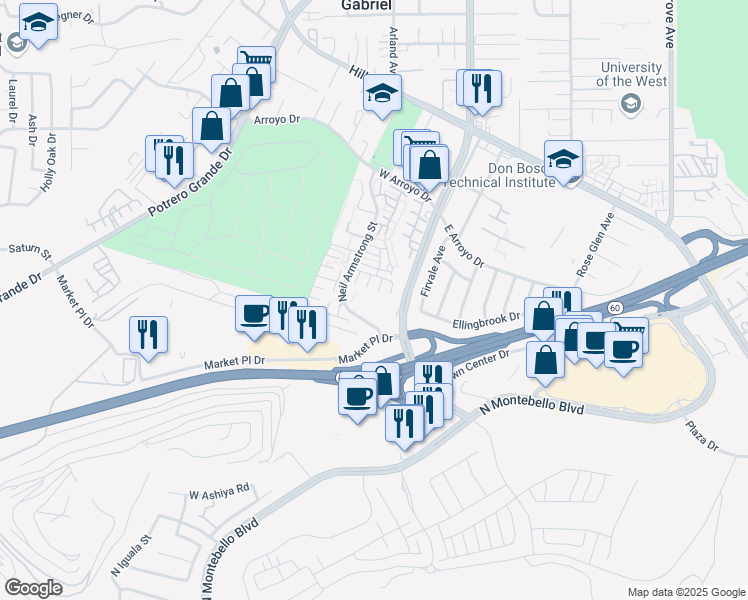 map of restaurants, bars, coffee shops, grocery stores, and more near 1630 Neil Armstrong Street in Montebello