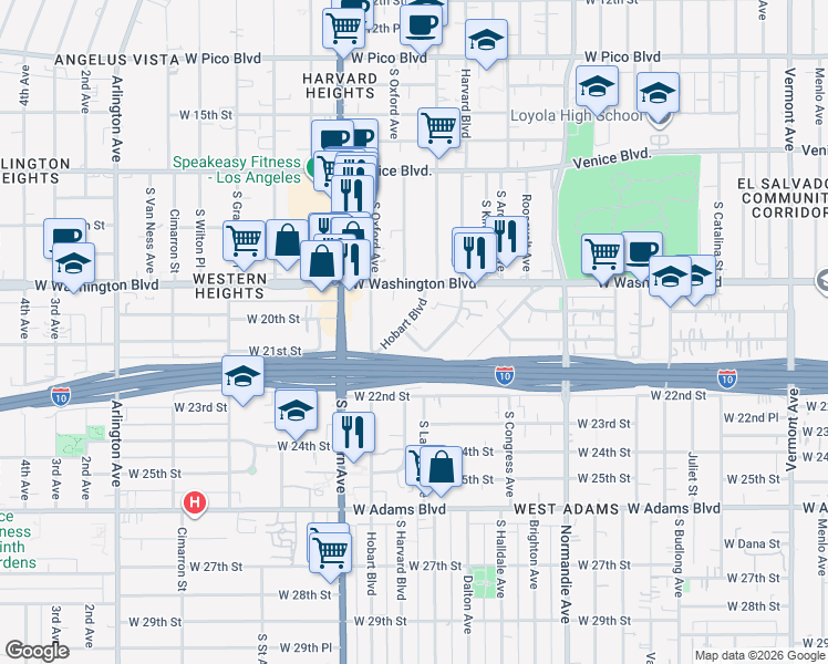 map of restaurants, bars, coffee shops, grocery stores, and more near 2068 South Hobart Boulevard in Los Angeles