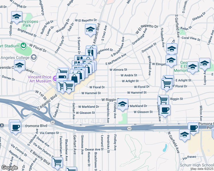map of restaurants, bars, coffee shops, grocery stores, and more near 501 West Floral Drive in Monterey Park