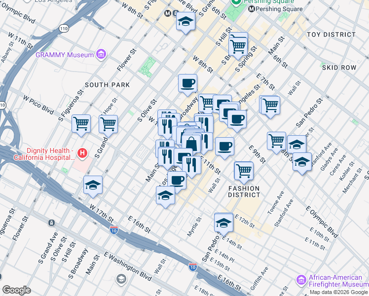 map of restaurants, bars, coffee shops, grocery stores, and more near 1104 South Los Angeles Street in Los Angeles