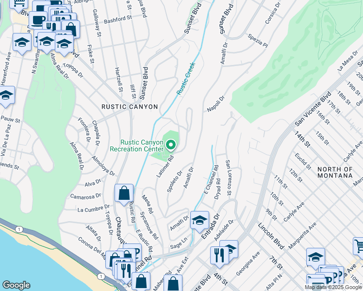 map of restaurants, bars, coffee shops, grocery stores, and more near 3 Latimer Road in Santa Monica