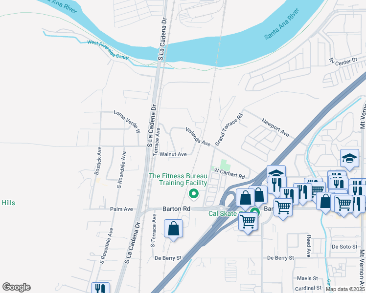 map of restaurants, bars, coffee shops, grocery stores, and more near 21808 Walnut Avenue in Grand Terrace