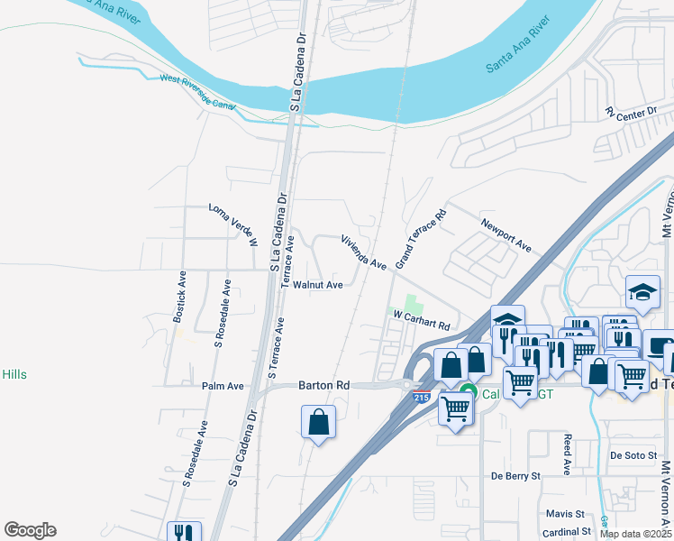 map of restaurants, bars, coffee shops, grocery stores, and more near 21758 Walnut Avenue in Grand Terrace