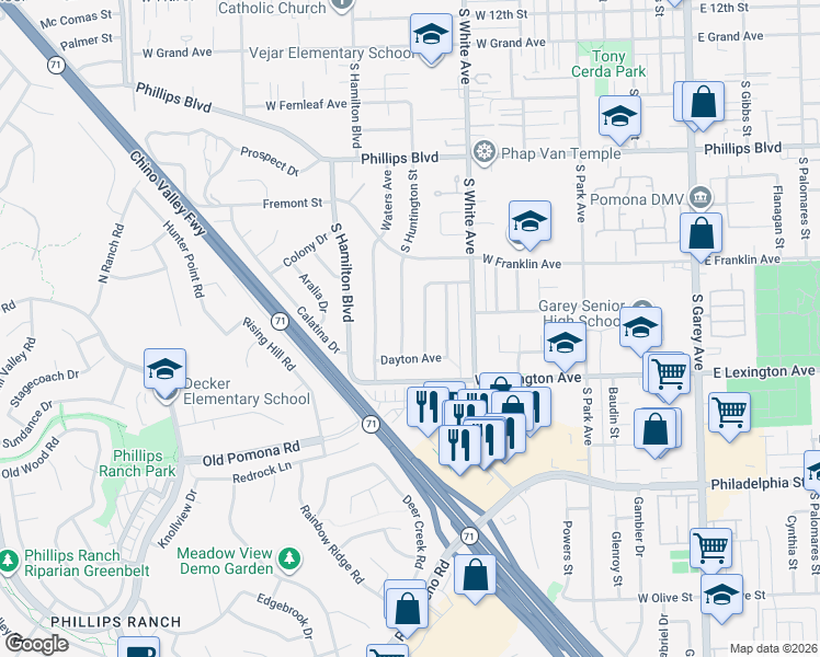 map of restaurants, bars, coffee shops, grocery stores, and more near 1839 Garland Street in Pomona