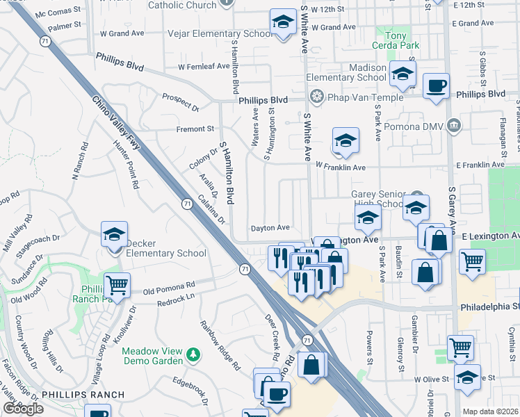 map of restaurants, bars, coffee shops, grocery stores, and more near 1830 Waters Avenue in Pomona