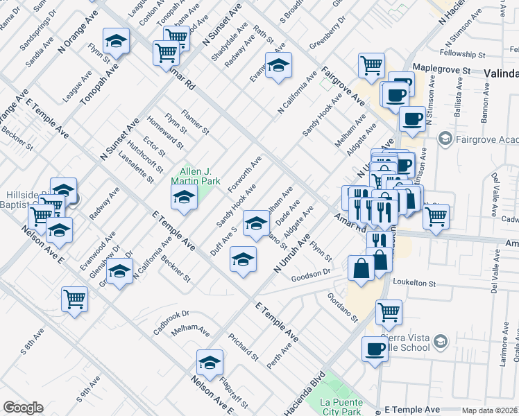 map of restaurants, bars, coffee shops, grocery stores, and more near 14985 East Giordano Street in La Puente