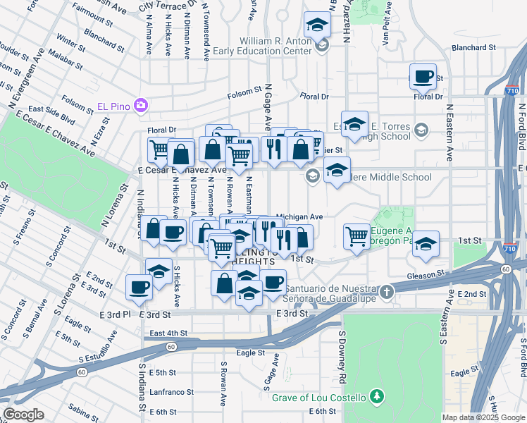 map of restaurants, bars, coffee shops, grocery stores, and more near 171 North Gage Avenue in Los Angeles