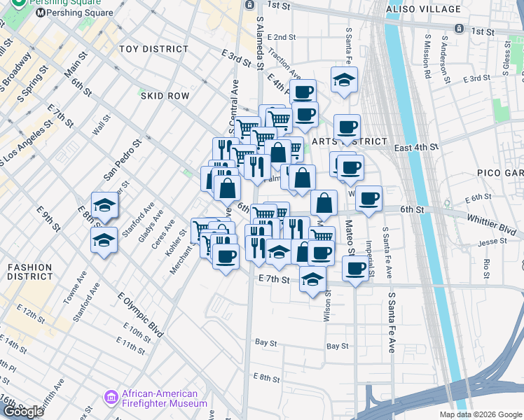 map of restaurants, bars, coffee shops, grocery stores, and more near 1230 East 6th Street in Los Angeles