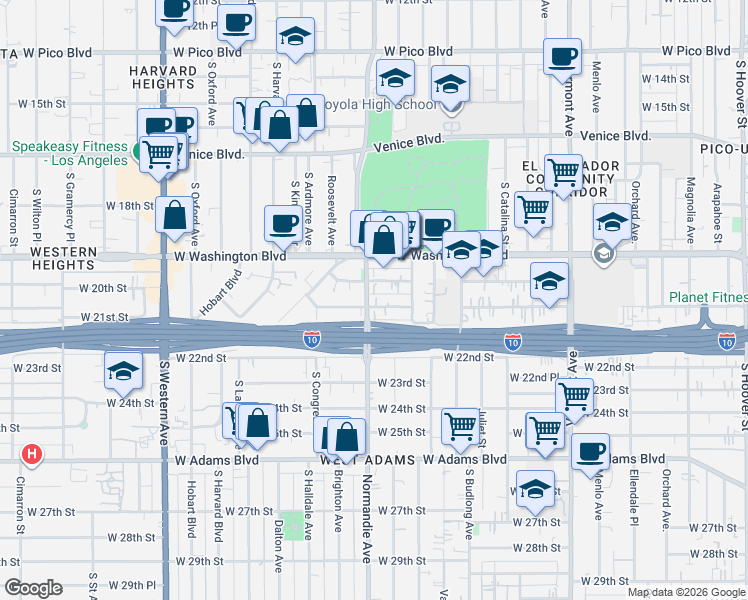 map of restaurants, bars, coffee shops, grocery stores, and more near 1902 West 20th Street in Los Angeles